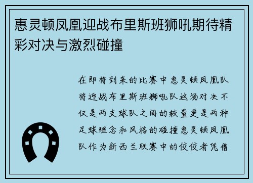 惠灵顿凤凰迎战布里斯班狮吼期待精彩对决与激烈碰撞