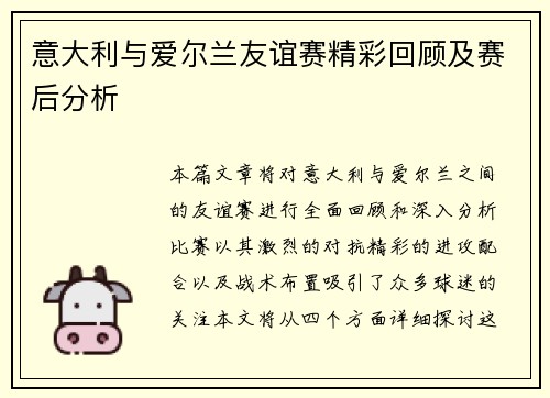 意大利与爱尔兰友谊赛精彩回顾及赛后分析