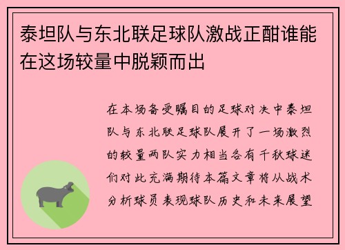 泰坦队与东北联足球队激战正酣谁能在这场较量中脱颖而出